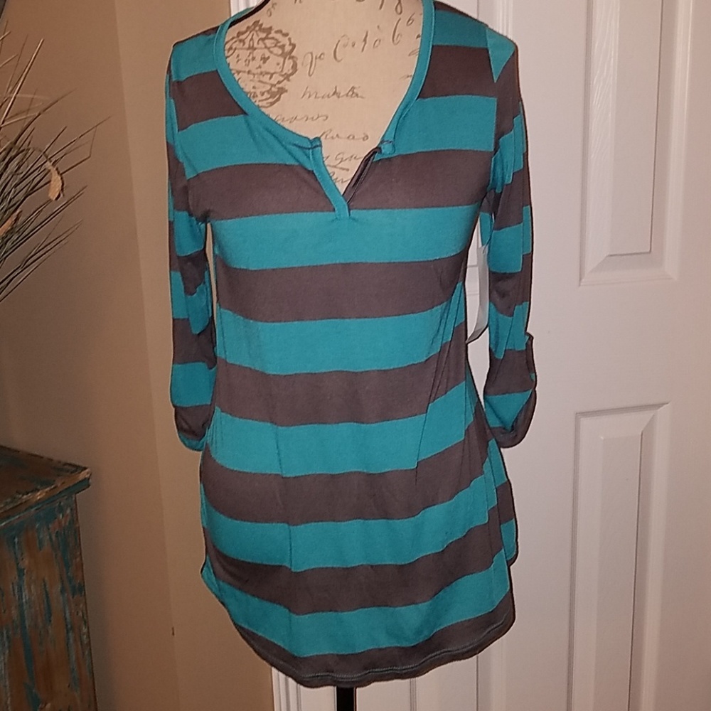 Aqua and grey striped top
